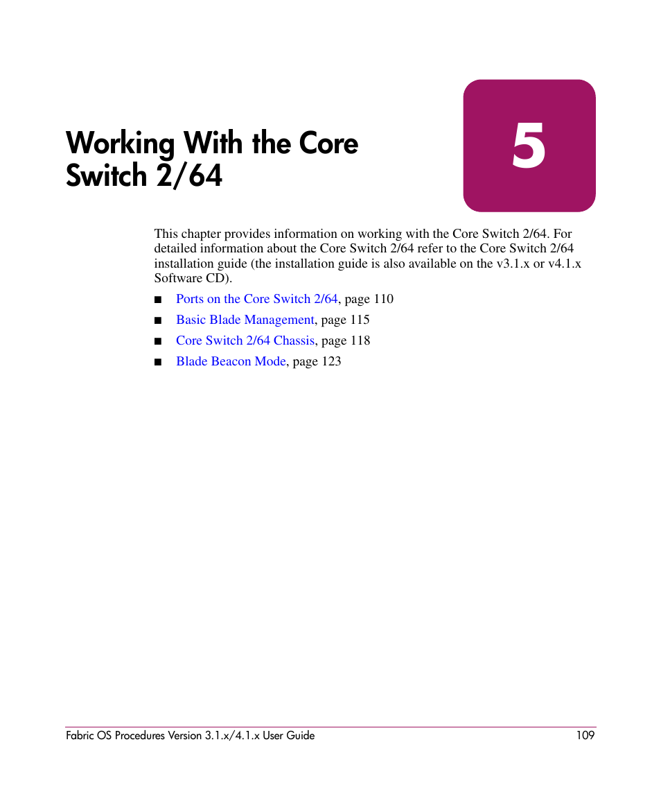 Working with the core switch 2/64, 5 working with the core switch 2/64 | HP StorageWorks MSA 2.8 SAN Switch User Manual | Page 109 / 270