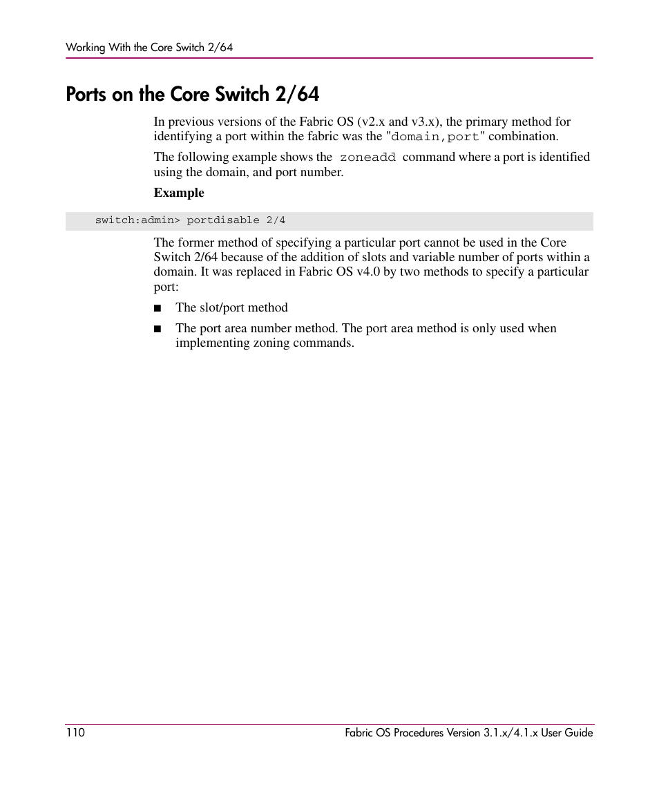 Ports on the core switch 2/64 | HP StorageWorks MSA 2.8 SAN Switch User Manual | Page 110 / 270