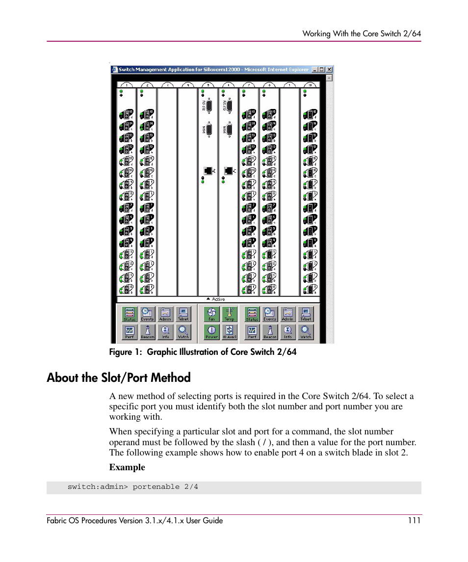 Figure 1: graphic illustration of core switch 2/64, About the slot/port method, 1 graphic illustration of core switch 2/64 | HP StorageWorks MSA 2.8 SAN Switch User Manual | Page 111 / 270