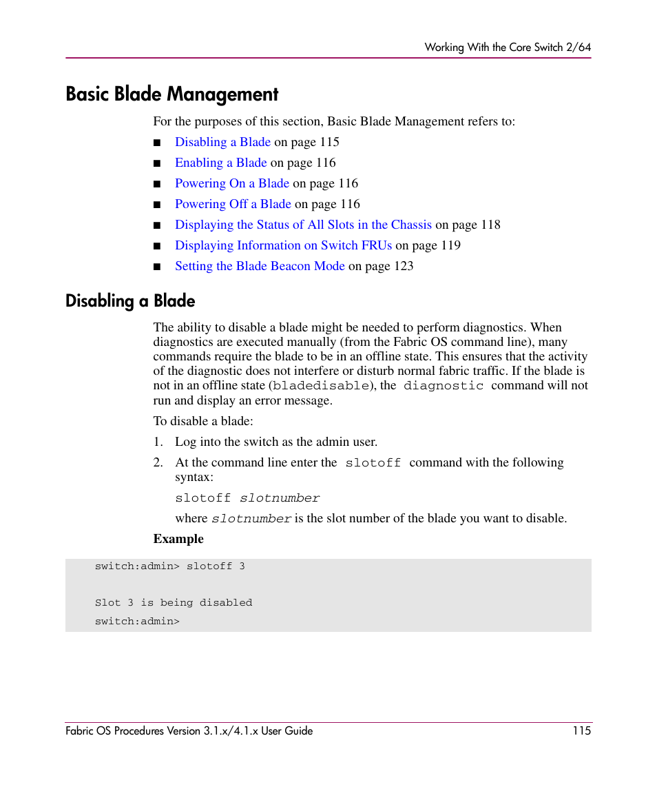 Basic blade management, Disabling a blade | HP StorageWorks MSA 2.8 SAN Switch User Manual | Page 115 / 270