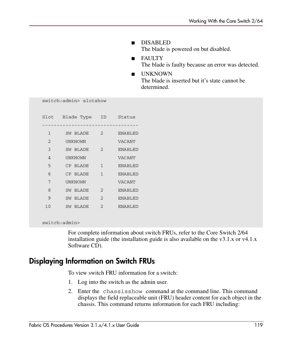 Displaying information on switch frus | HP StorageWorks MSA 2.8 SAN Switch User Manual | Page 119 / 270