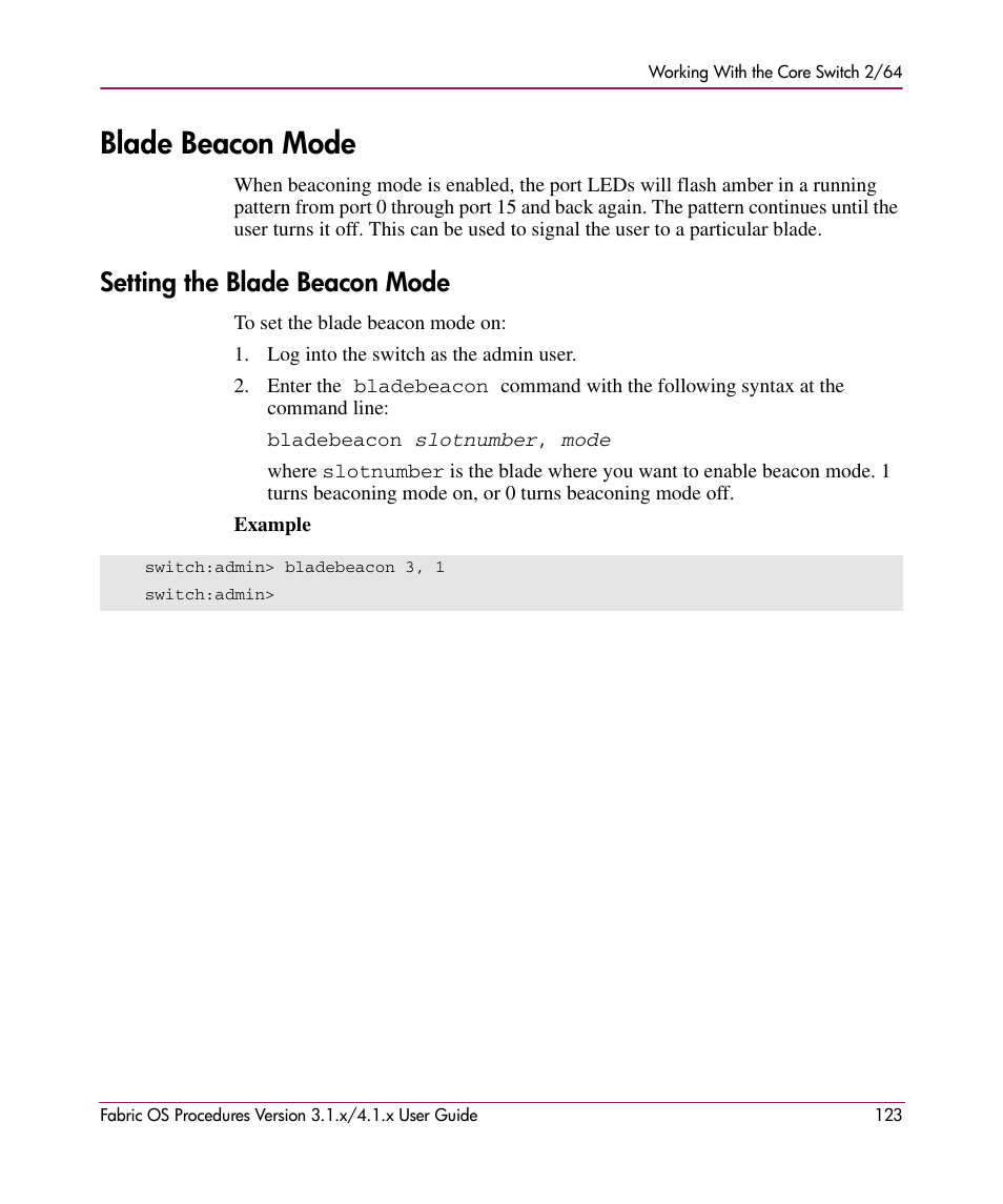 Blade beacon mode, Setting the blade beacon mode | HP StorageWorks MSA 2.8 SAN Switch User Manual | Page 123 / 270