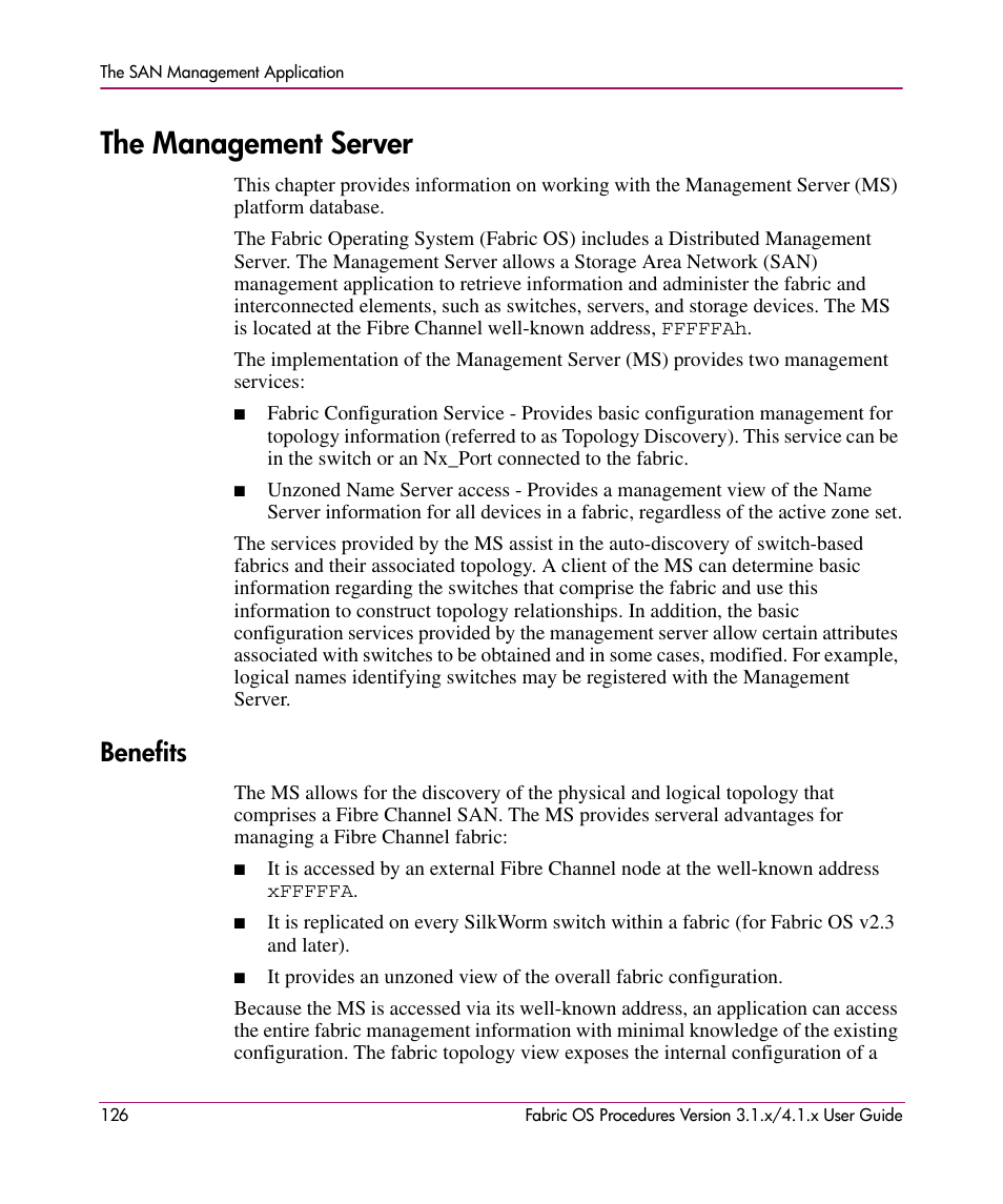 The management server, Benefits | HP StorageWorks MSA 2.8 SAN Switch User Manual | Page 126 / 270