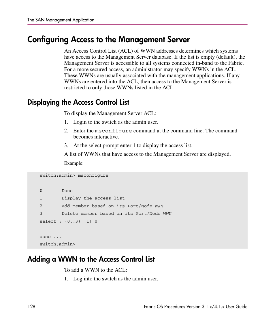 Configuring access to the management server, Displaying the access control list, Adding a wwn to the access control list | HP StorageWorks MSA 2.8 SAN Switch User Manual | Page 128 / 270