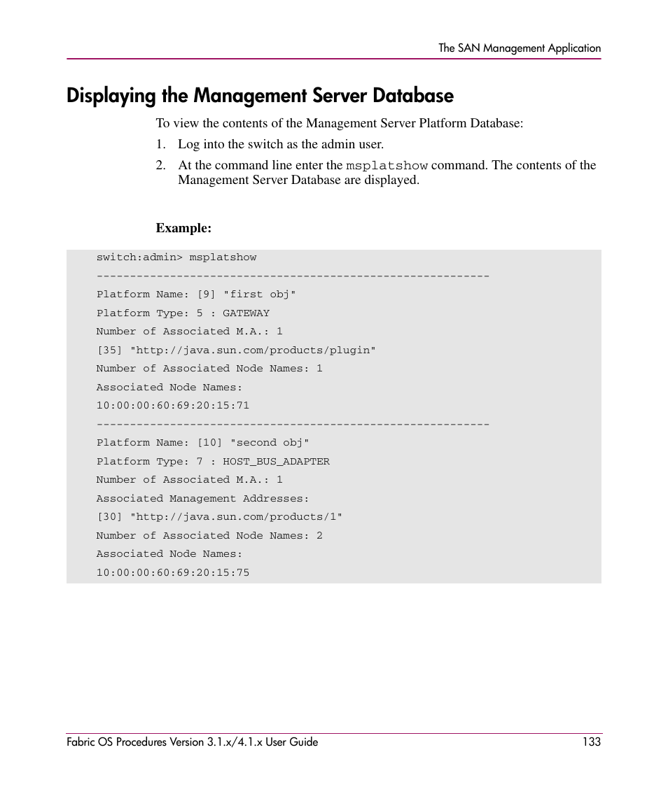 Displaying the management server database | HP StorageWorks MSA 2.8 SAN Switch User Manual | Page 133 / 270