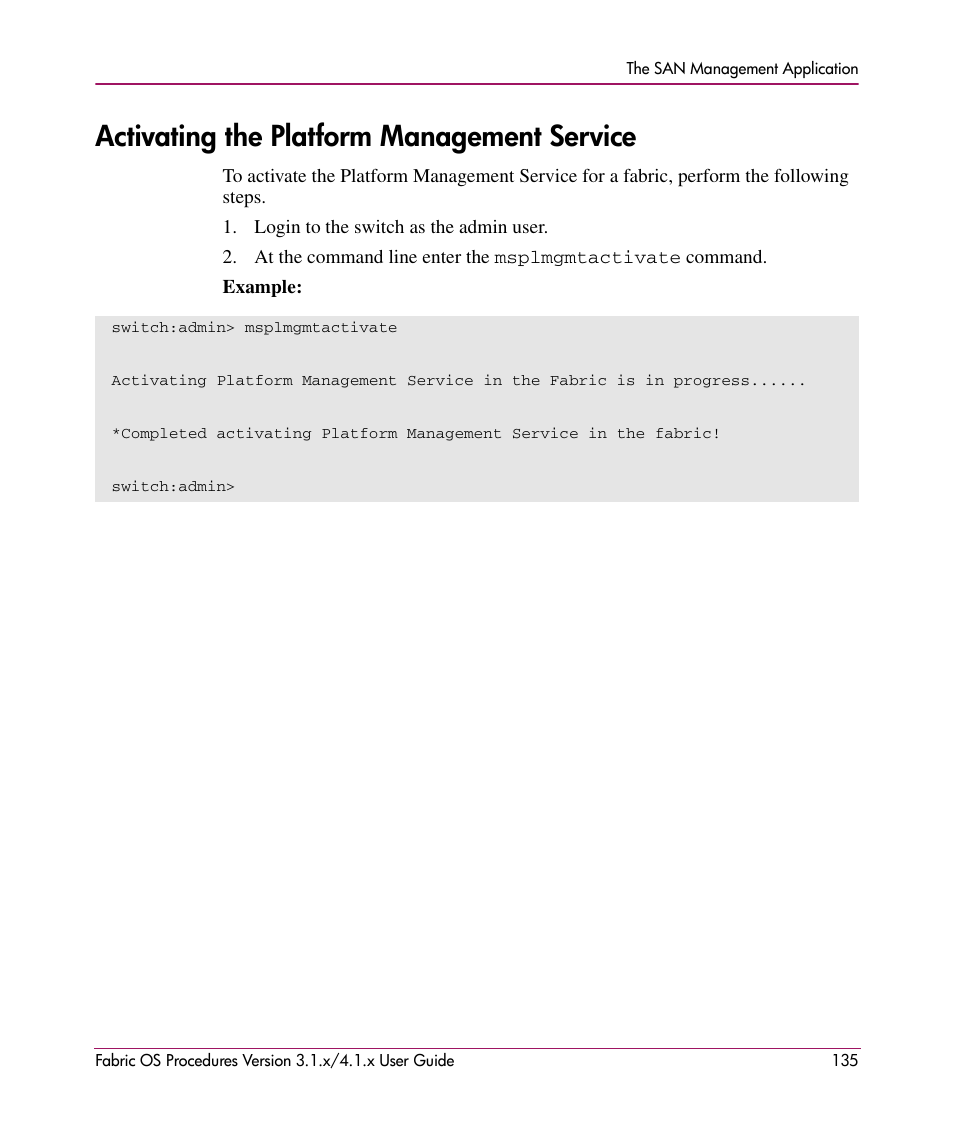 Activating the platform management service | HP StorageWorks MSA 2.8 SAN Switch User Manual | Page 135 / 270