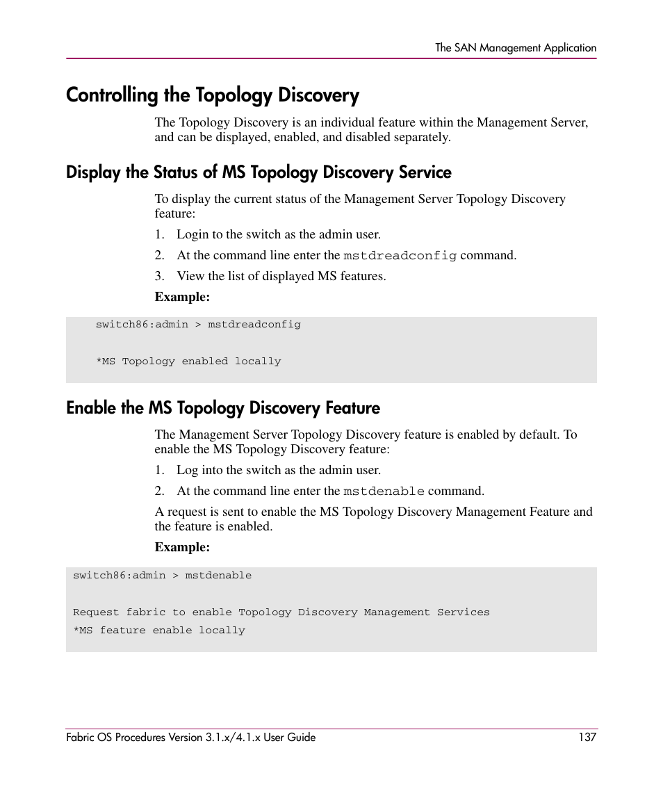 Controlling the topology discovery, Enable the ms topology discovery feature | HP StorageWorks MSA 2.8 SAN Switch User Manual | Page 137 / 270