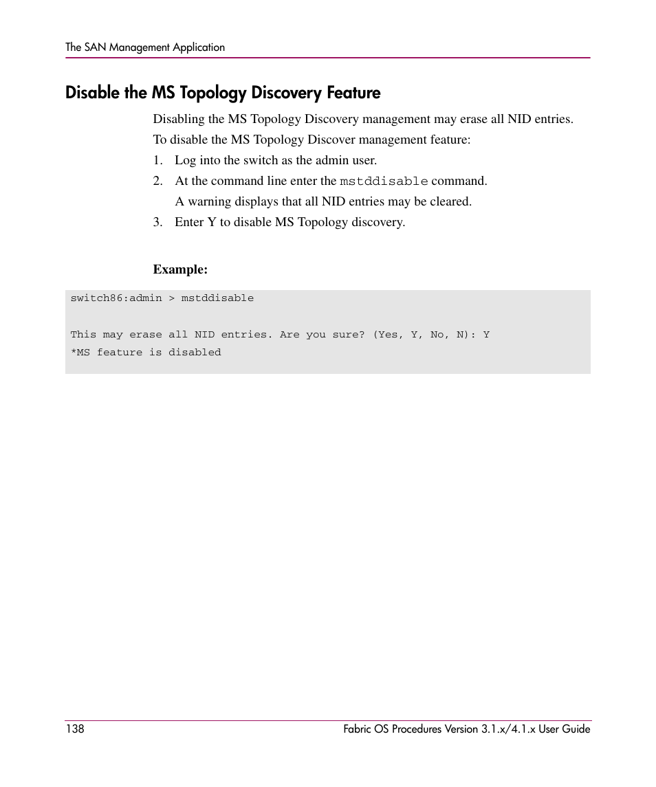 Disable the ms topology discovery feature | HP StorageWorks MSA 2.8 SAN Switch User Manual | Page 138 / 270