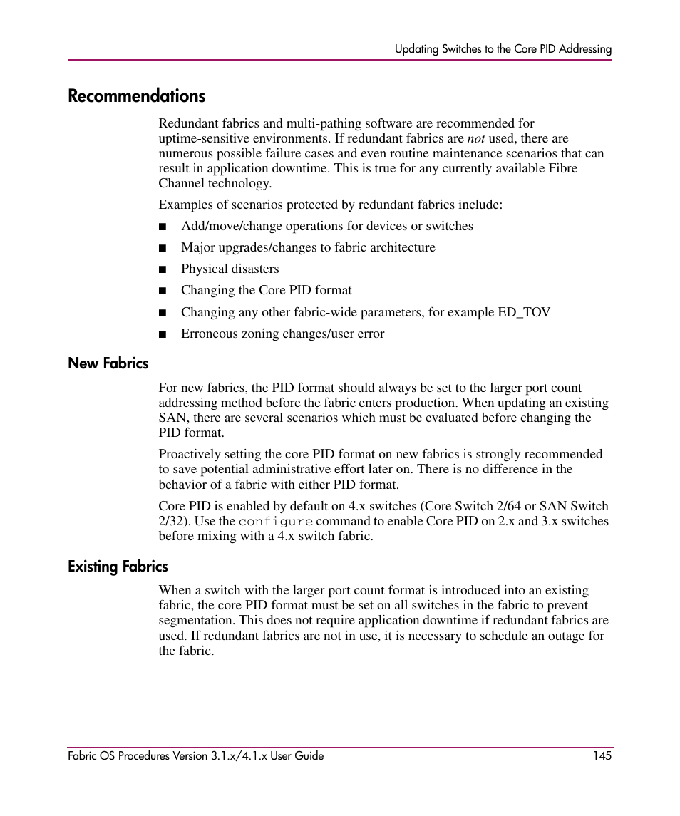 Recommendations, New fabrics, Existing fabrics | New fabrics existing fabrics | HP StorageWorks MSA 2.8 SAN Switch User Manual | Page 145 / 270