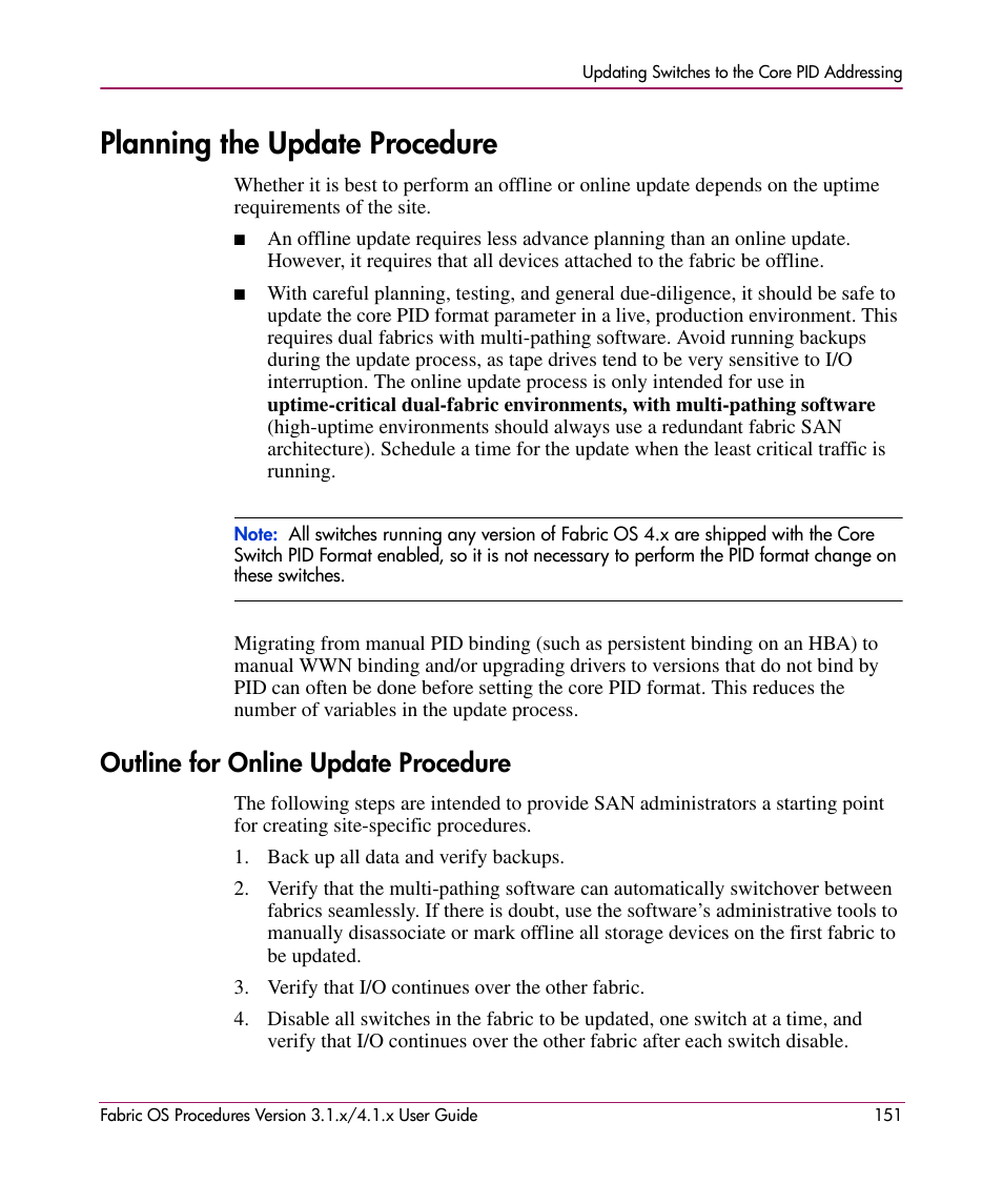 Planning the update procedure, Outline for online update procedure | HP StorageWorks MSA 2.8 SAN Switch User Manual | Page 151 / 270