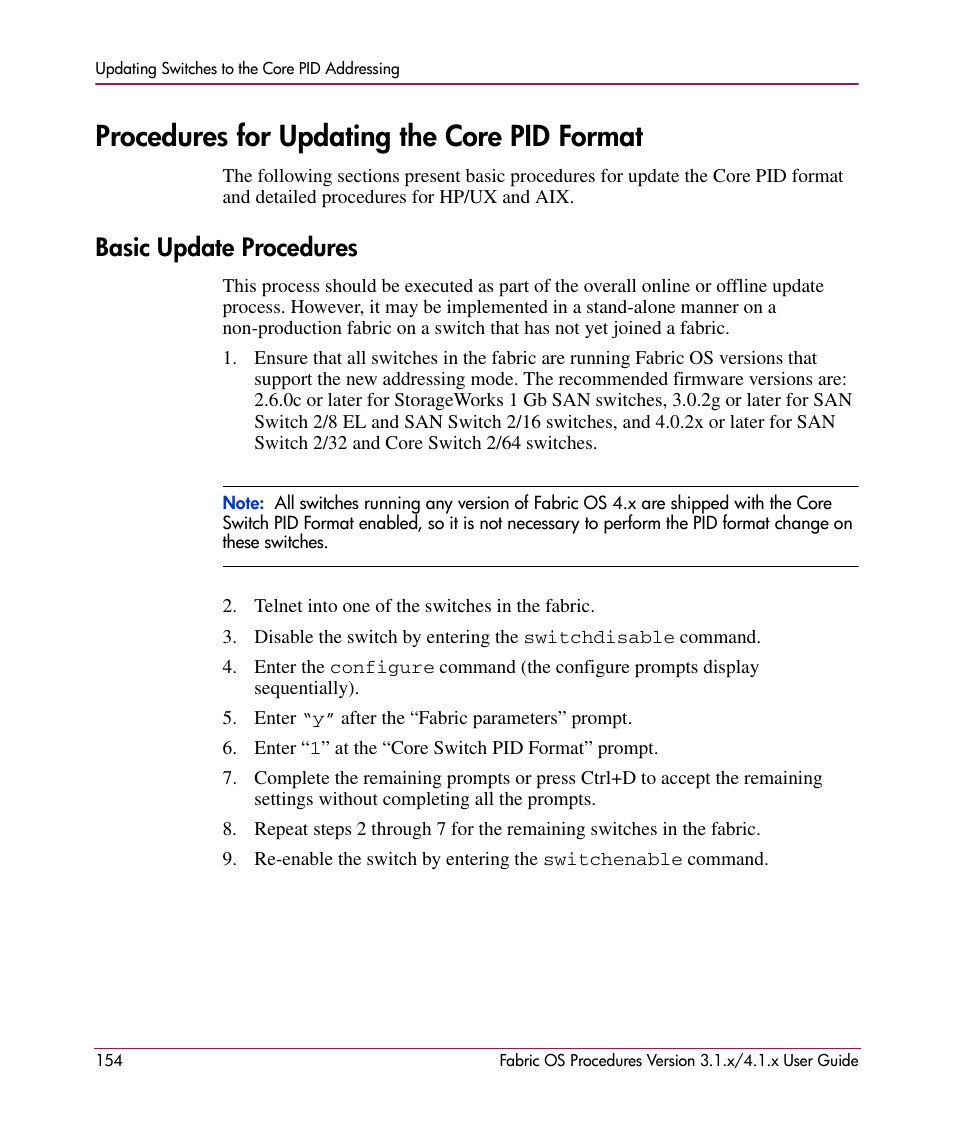 Procedures for updating the core pid format, Basic update procedures, Bric (see | Procedures for, Updating the core pid format | HP StorageWorks MSA 2.8 SAN Switch User Manual | Page 154 / 270