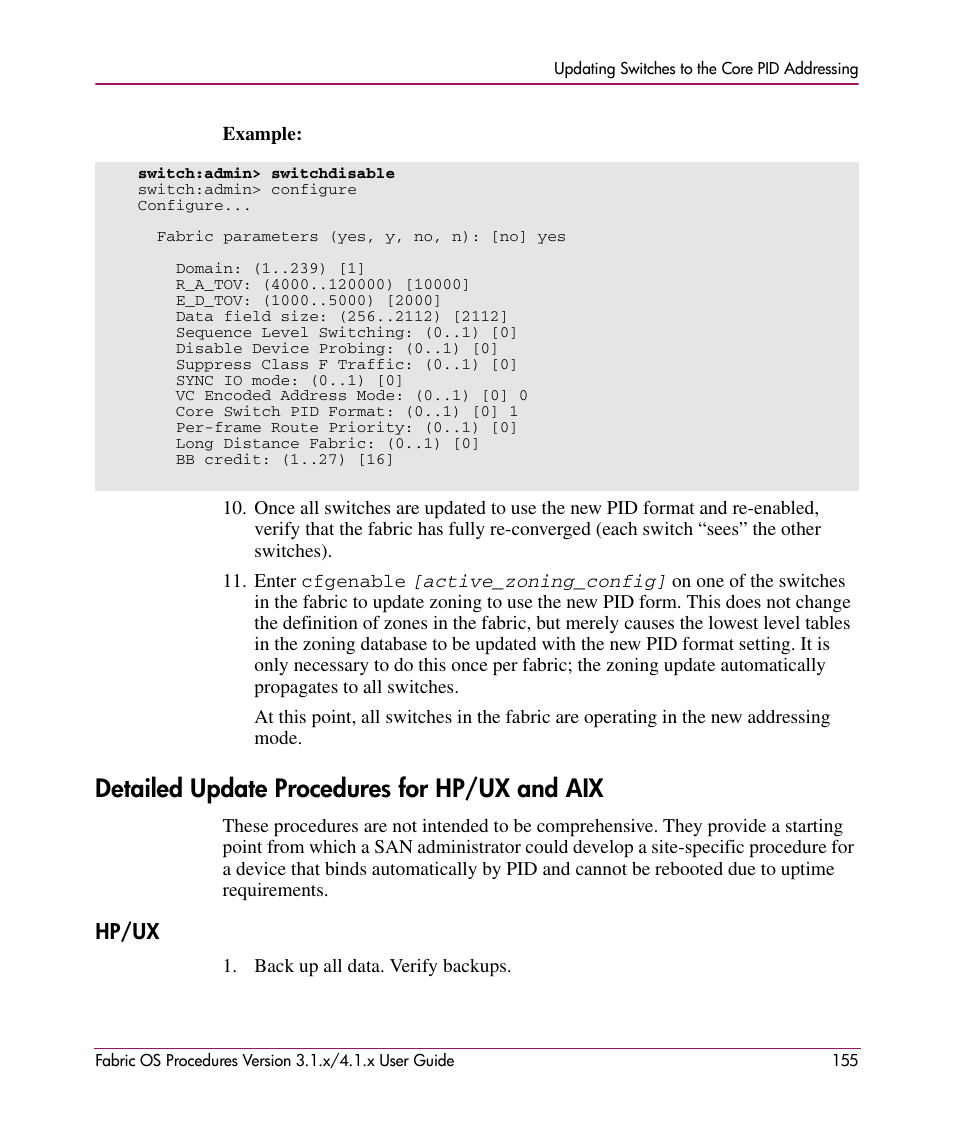 Detailed update procedures for hp/ux and aix, Hp/ux | HP StorageWorks MSA 2.8 SAN Switch User Manual | Page 155 / 270