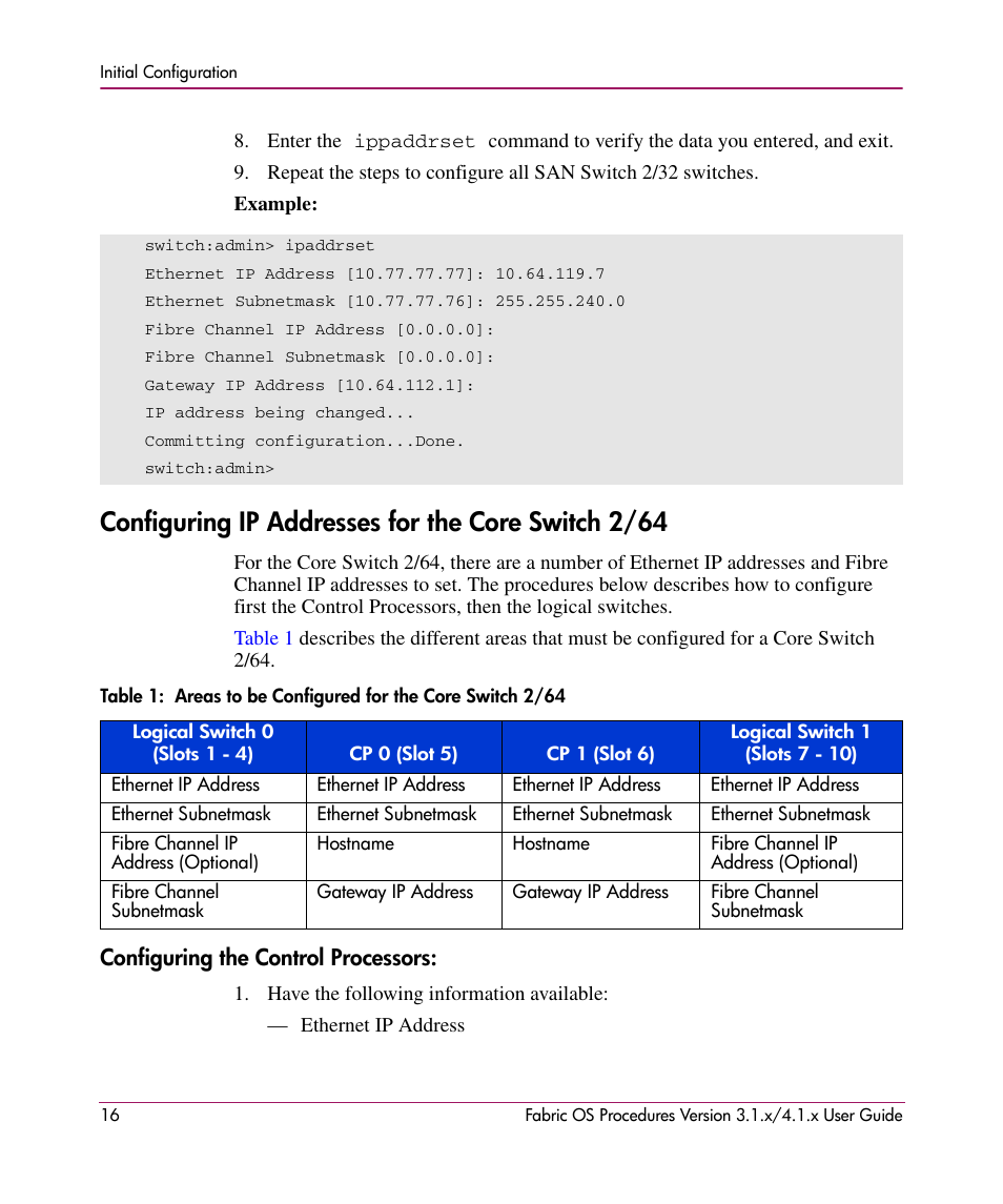 Configuring ip addresses for the core switch 2/64, Configuring the control processors, 1 areas to be configured for the core switch 2/64 | HP StorageWorks MSA 2.8 SAN Switch User Manual | Page 16 / 270