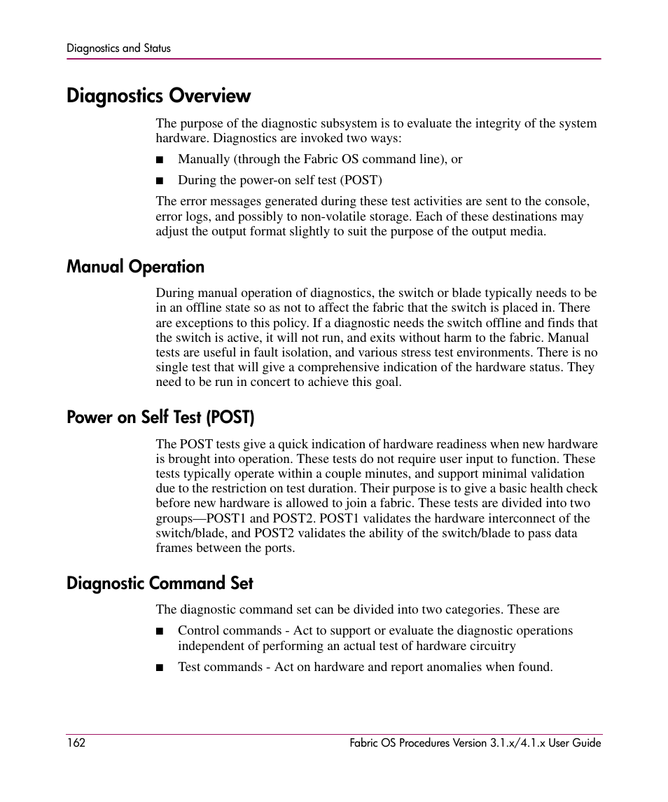 Diagnostics overview, Manual operation, Power on self test (post) | Diagnostic command set | HP StorageWorks MSA 2.8 SAN Switch User Manual | Page 162 / 270