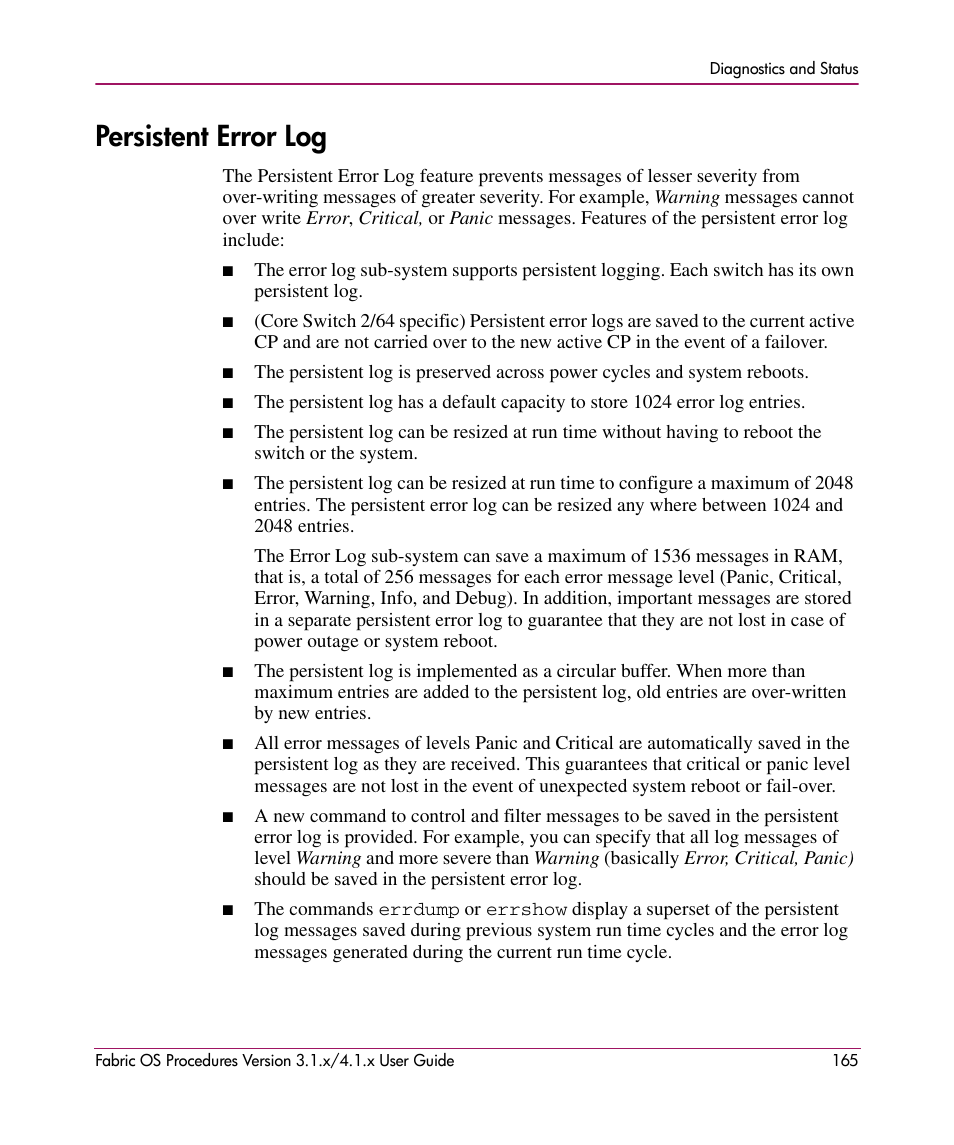 Persistent error log, Age 165 | HP StorageWorks MSA 2.8 SAN Switch User Manual | Page 165 / 270