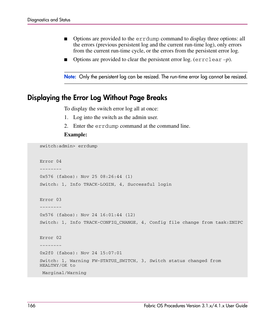 Displaying the error log without page breaks | HP StorageWorks MSA 2.8 SAN Switch User Manual | Page 166 / 270