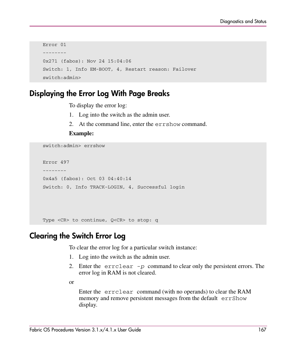 Clearing the switch error log, Displaying the error log with page breaks | HP StorageWorks MSA 2.8 SAN Switch User Manual | Page 167 / 270