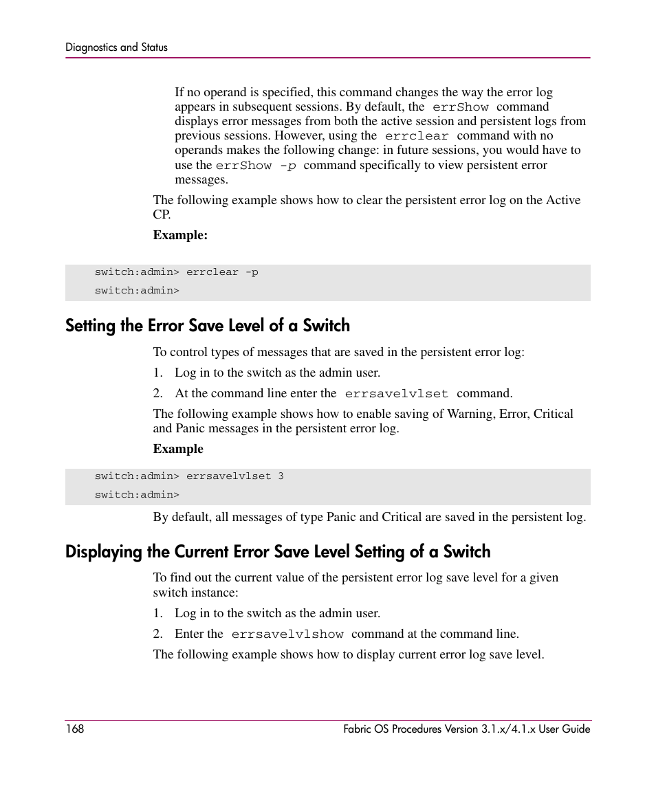 Setting the error save level of a switch | HP StorageWorks MSA 2.8 SAN Switch User Manual | Page 168 / 270