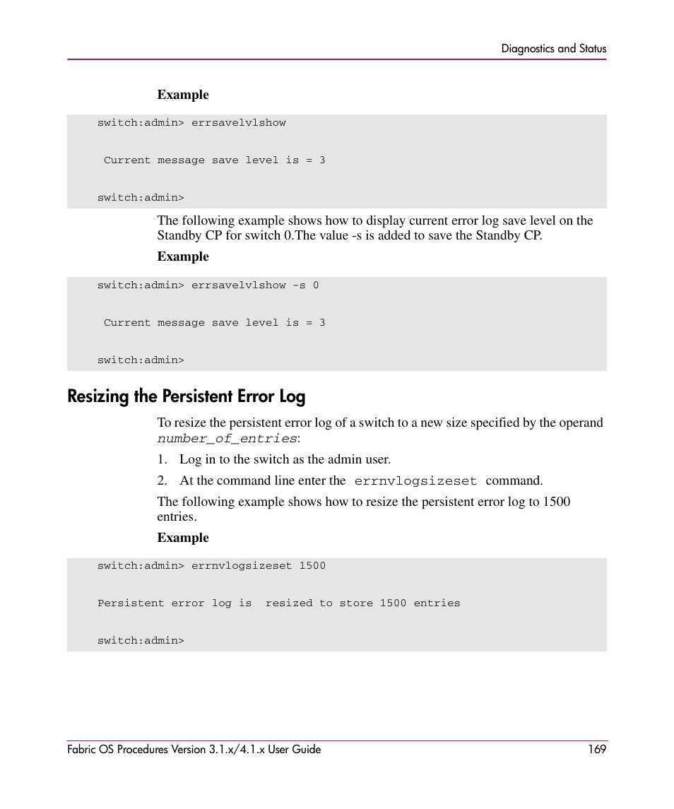 Resizing the persistent error log | HP StorageWorks MSA 2.8 SAN Switch User Manual | Page 169 / 270