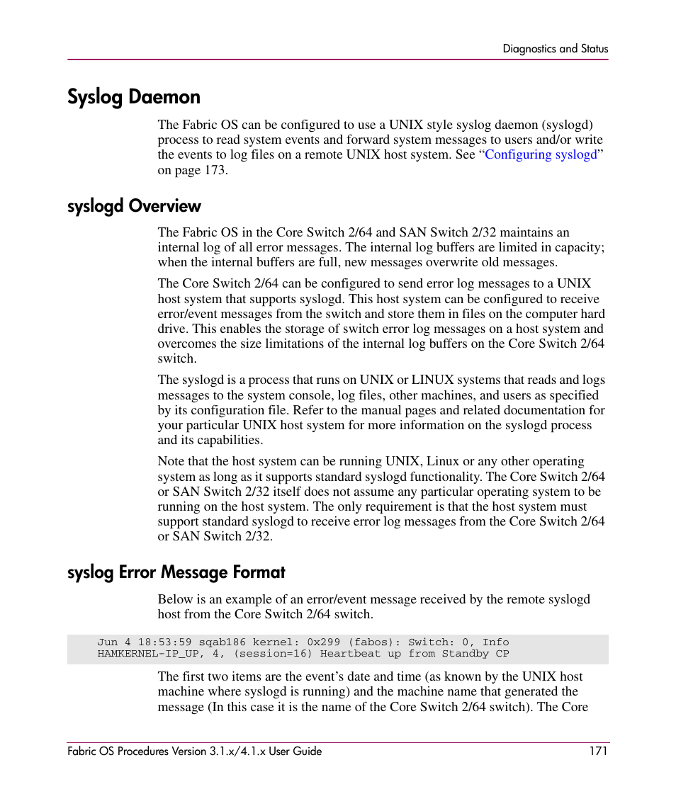 Syslog daemon, Syslogd overview, Syslog error message format | Syslogd overview syslog error message format | HP StorageWorks MSA 2.8 SAN Switch User Manual | Page 171 / 270