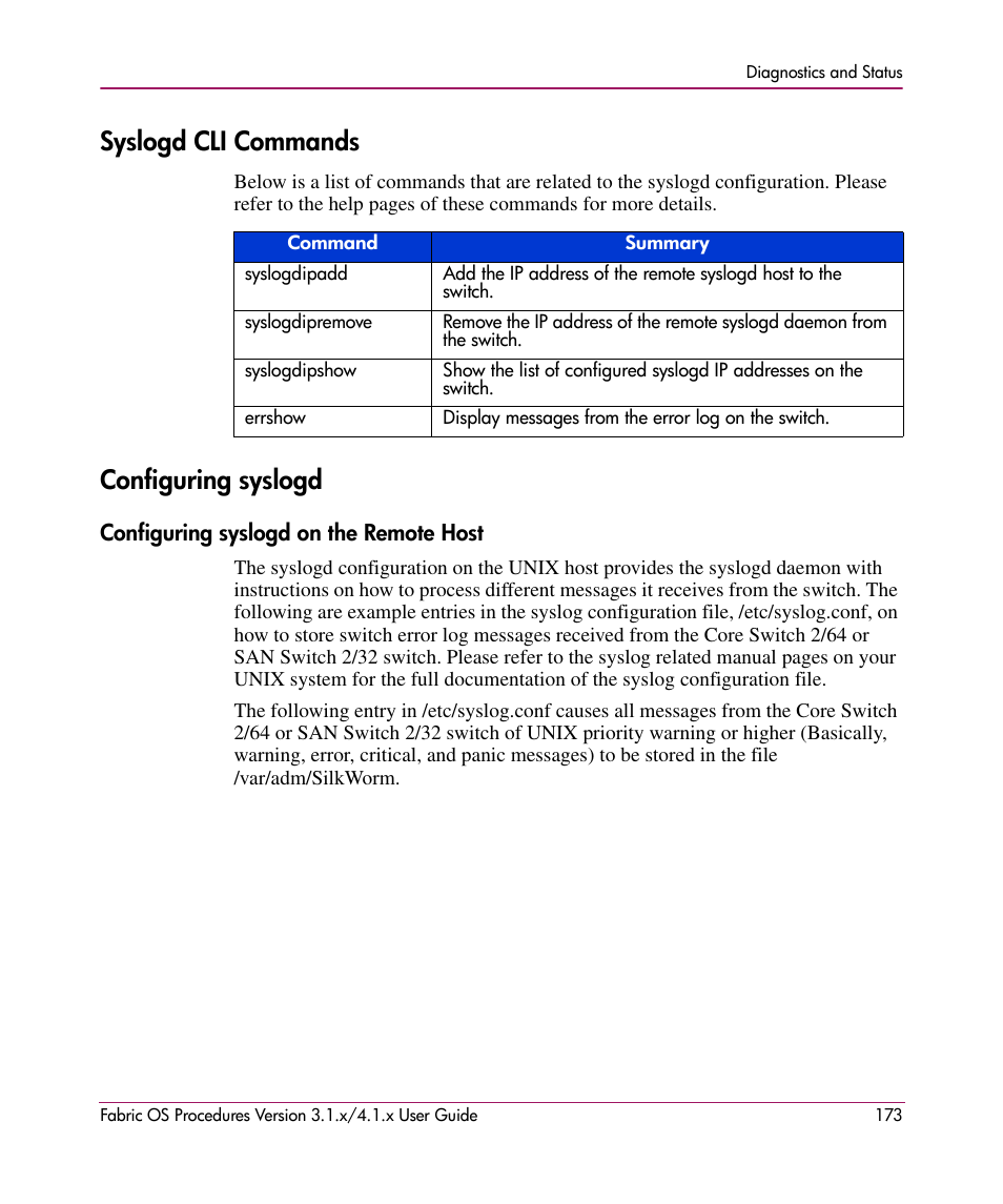 Syslogd cli commands, Configuring syslogd, Configuring syslogd on the remote host | Syslogd cli commands configuring syslogd, Unix host system. see | HP StorageWorks MSA 2.8 SAN Switch User Manual | Page 173 / 270