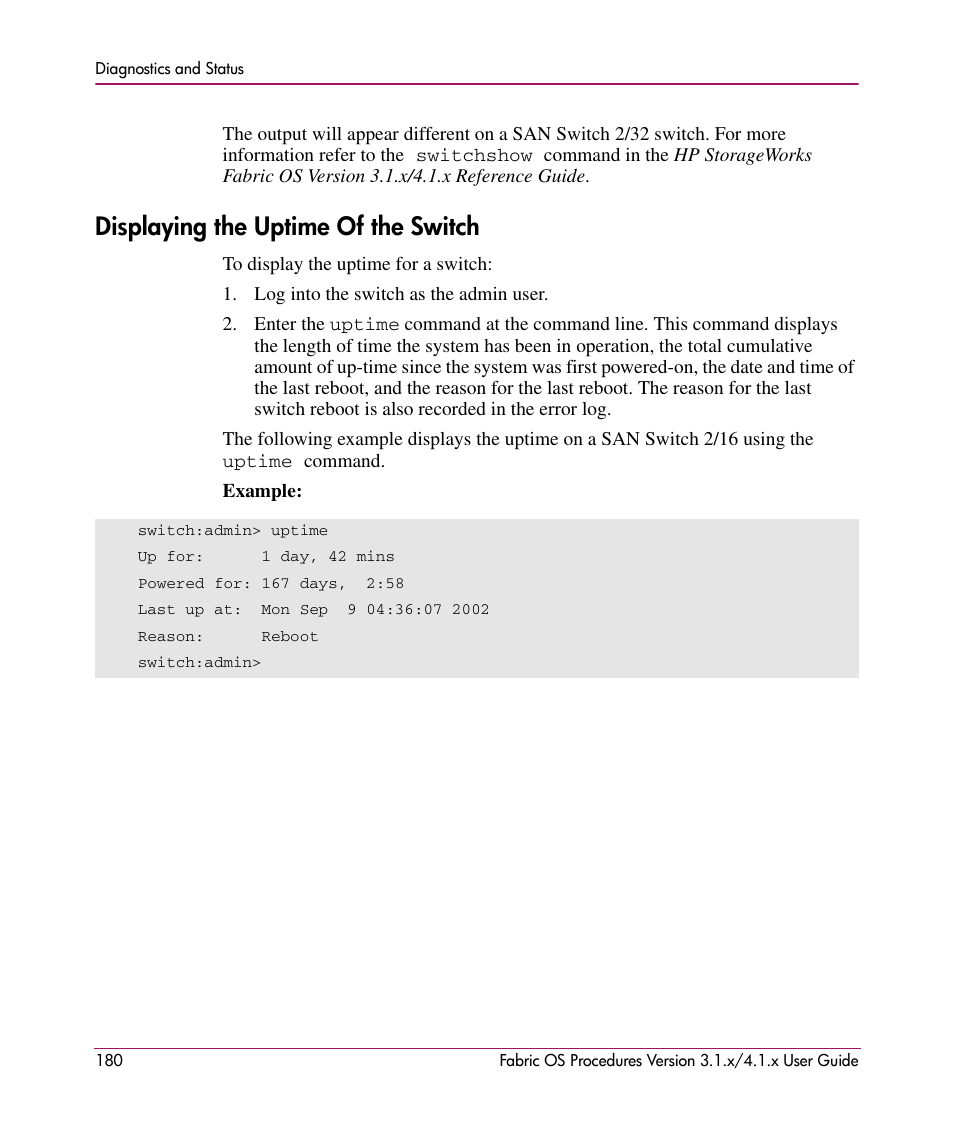 Displaying the uptime of the switch | HP StorageWorks MSA 2.8 SAN Switch User Manual | Page 180 / 270