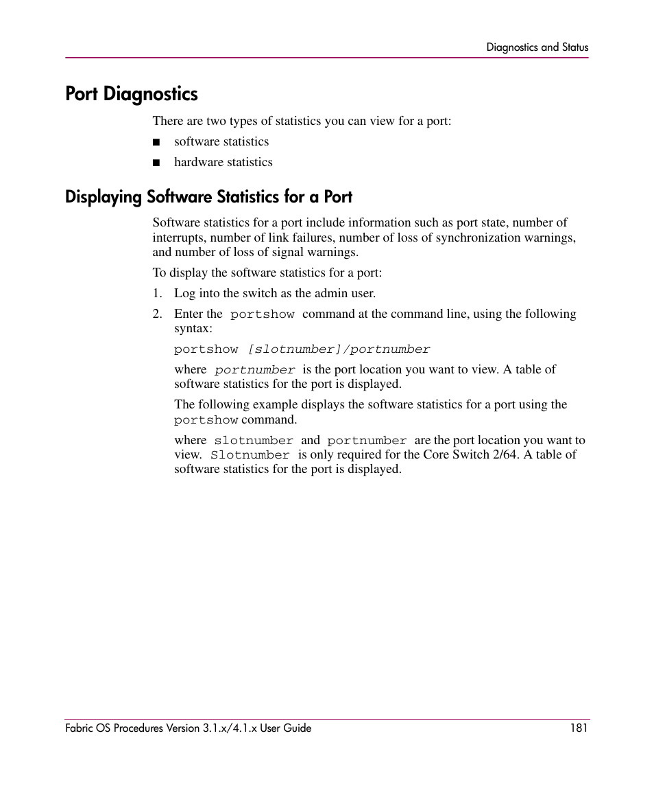 Port diagnostics, Displaying software statistics for a port | HP StorageWorks MSA 2.8 SAN Switch User Manual | Page 181 / 270