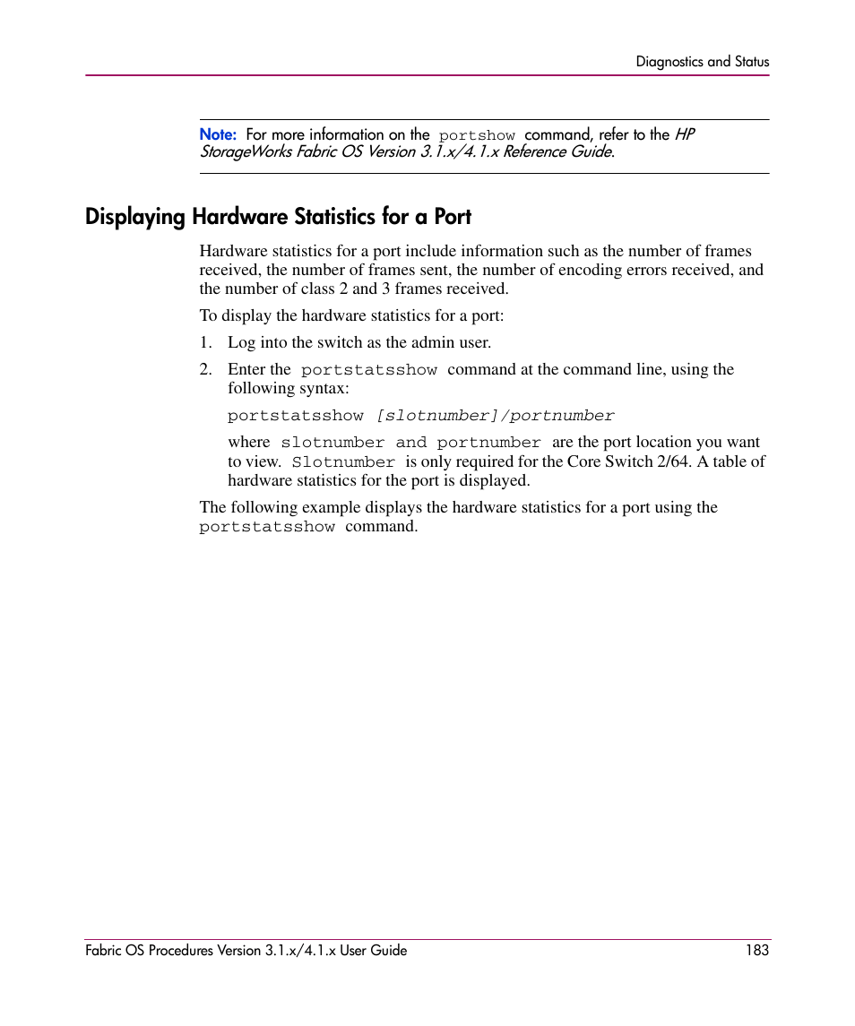 Displaying hardware statistics for a port | HP StorageWorks MSA 2.8 SAN Switch User Manual | Page 183 / 270