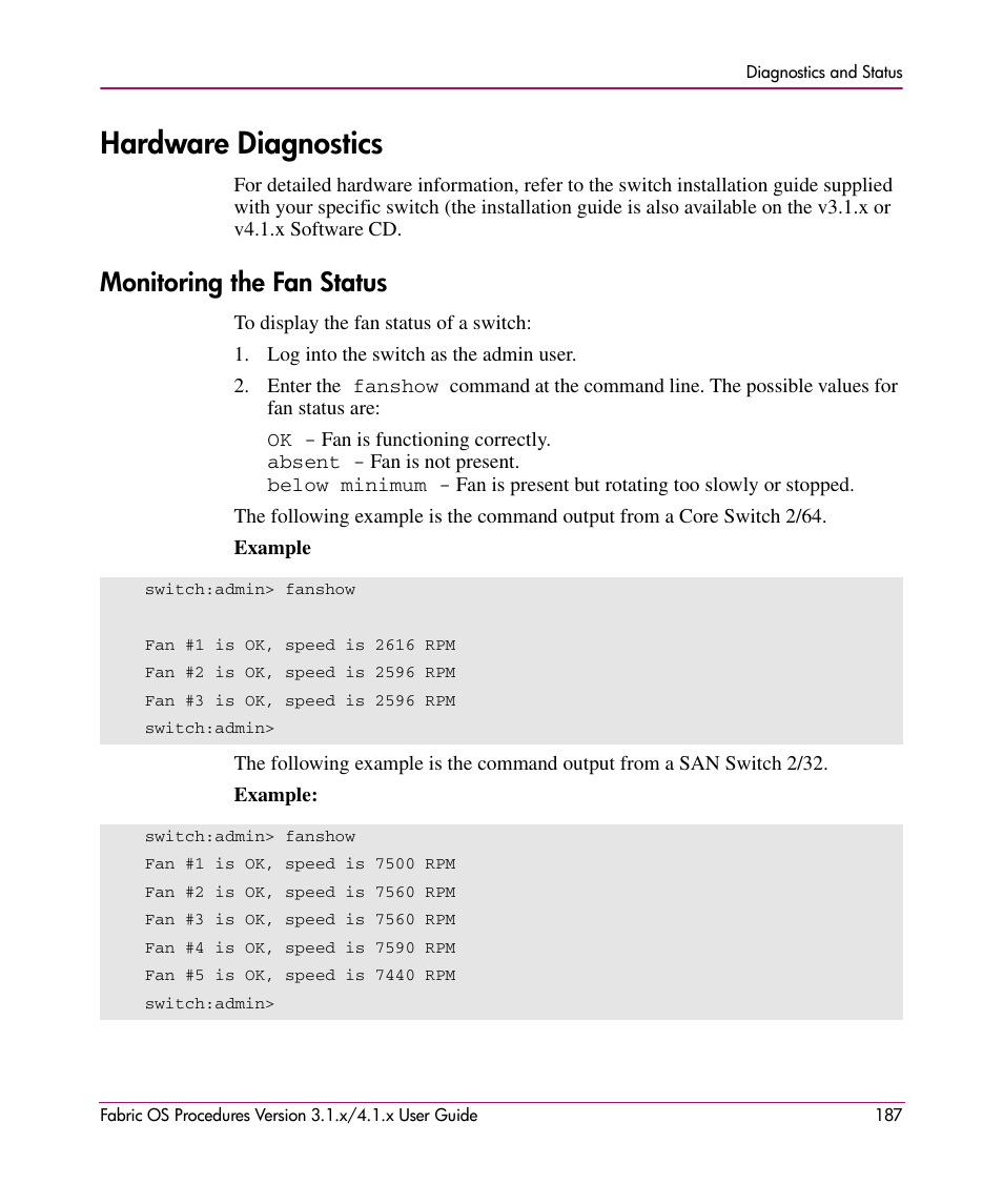 Hardware diagnostics, Monitoring the fan status | HP StorageWorks MSA 2.8 SAN Switch User Manual | Page 187 / 270