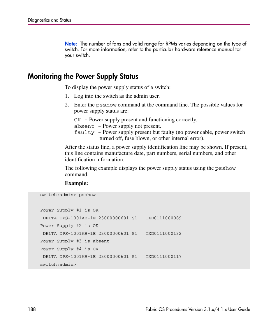 Monitoring the power supply status | HP StorageWorks MSA 2.8 SAN Switch User Manual | Page 188 / 270