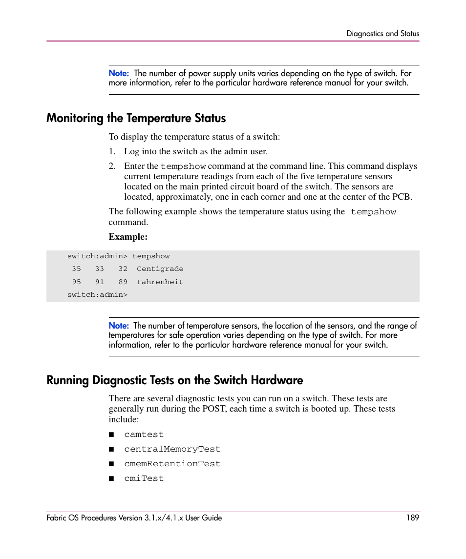 Monitoring the temperature status, Running diagnostic tests on the switch hardware | HP StorageWorks MSA 2.8 SAN Switch User Manual | Page 189 / 270