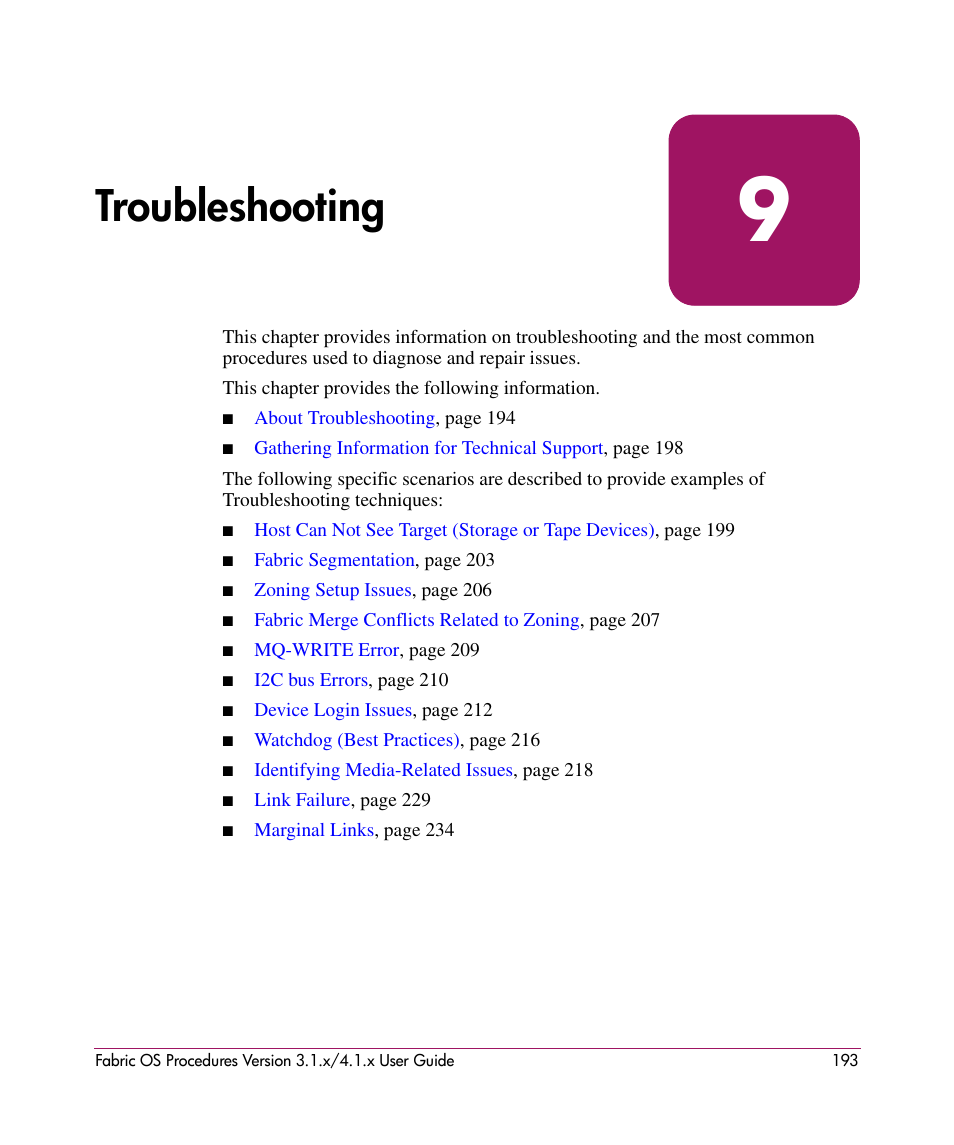 Troubleshooting, 9 troubleshooting | HP StorageWorks MSA 2.8 SAN Switch User Manual | Page 193 / 270