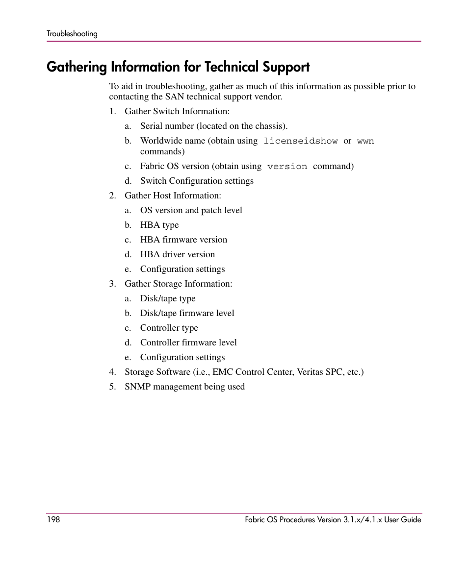 Gathering information for technical support | HP StorageWorks MSA 2.8 SAN Switch User Manual | Page 198 / 270