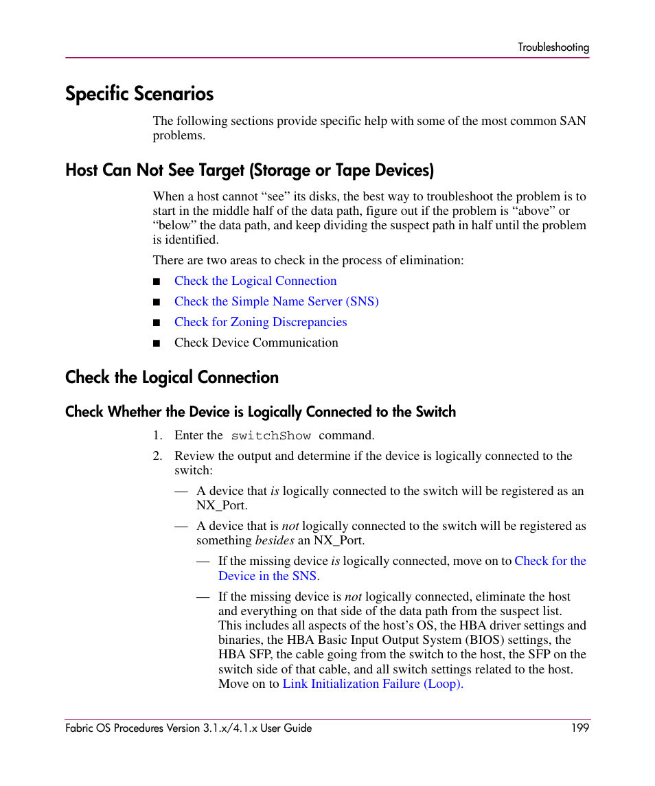 Specific scenarios, Host can not see target (storage or tape devices), Check the logical connection | HP StorageWorks MSA 2.8 SAN Switch User Manual | Page 199 / 270