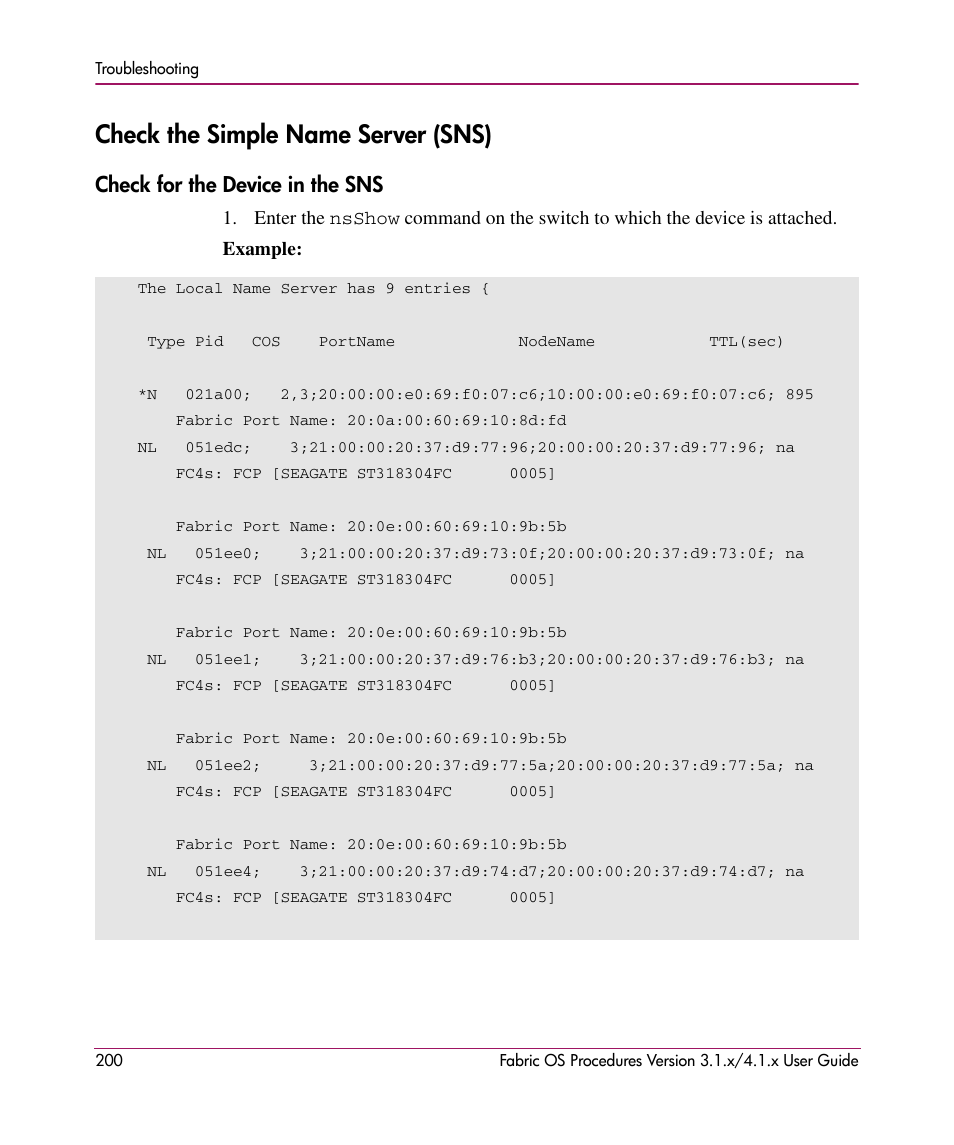 Check the simple name server (sns), Check for the device in the sns, On to | Check for the, Device in the sns | HP StorageWorks MSA 2.8 SAN Switch User Manual | Page 200 / 270