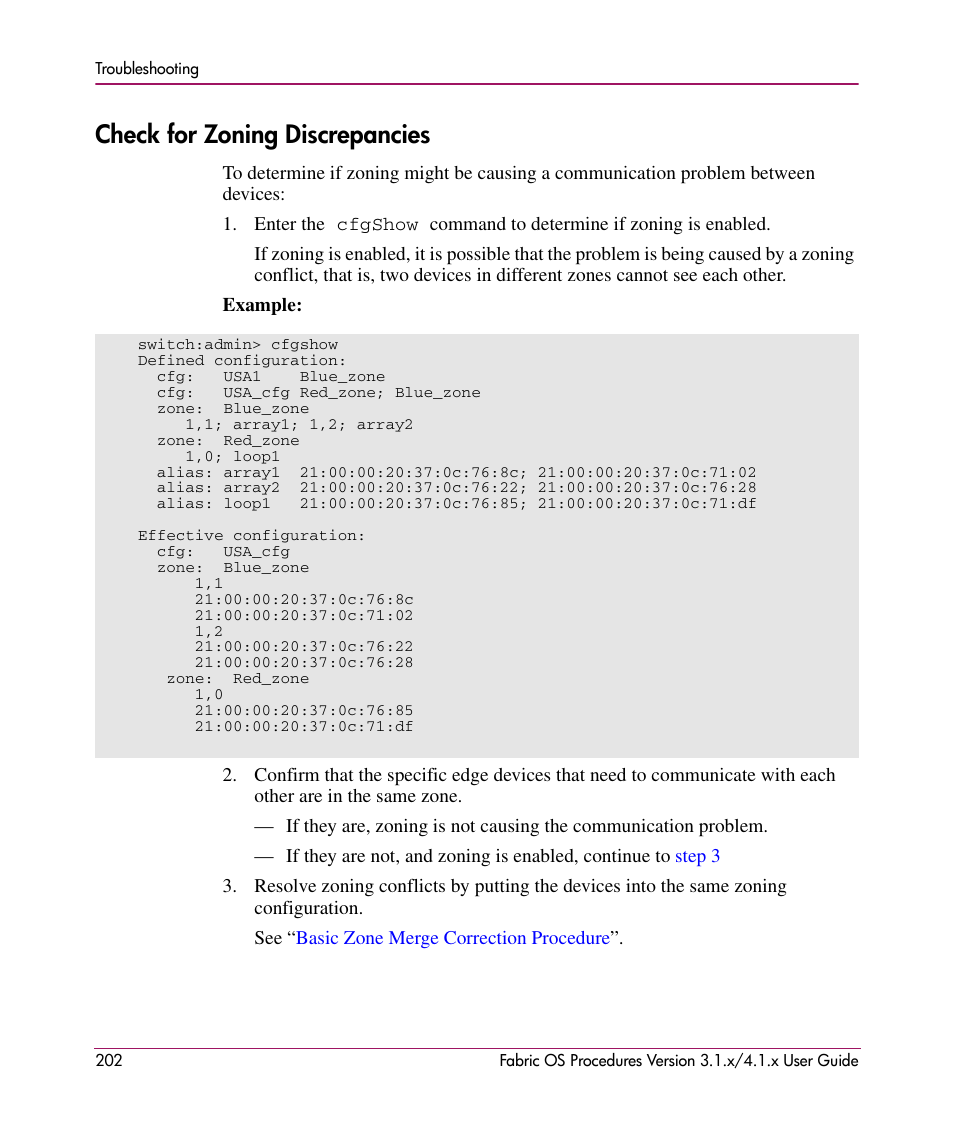 Check for zoning discrepancies | HP StorageWorks MSA 2.8 SAN Switch User Manual | Page 202 / 270