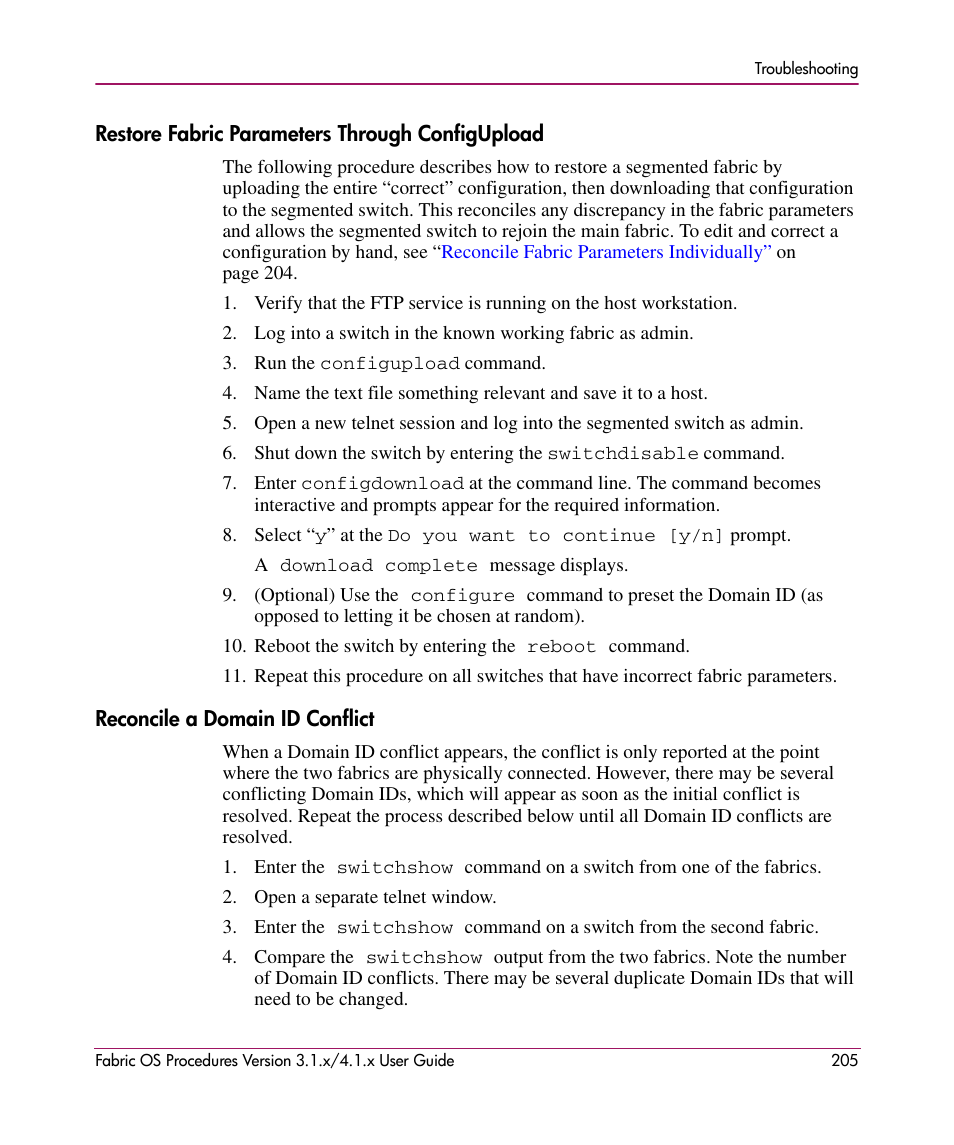 Restore fabric parameters through configupload, Reconcile a domain id conflict | HP StorageWorks MSA 2.8 SAN Switch User Manual | Page 205 / 270