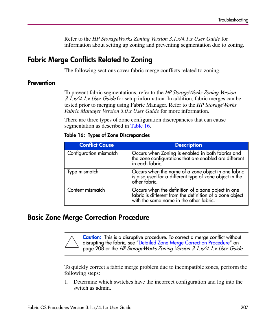 Fabric merge conflicts related to zoning, Prevention, Table 16: types of zone discrepancies | Basic zone merge correction procedure, 16 types of zone discrepancies, Fabric merge conflicts related to, Zoning | HP StorageWorks MSA 2.8 SAN Switch User Manual | Page 207 / 270