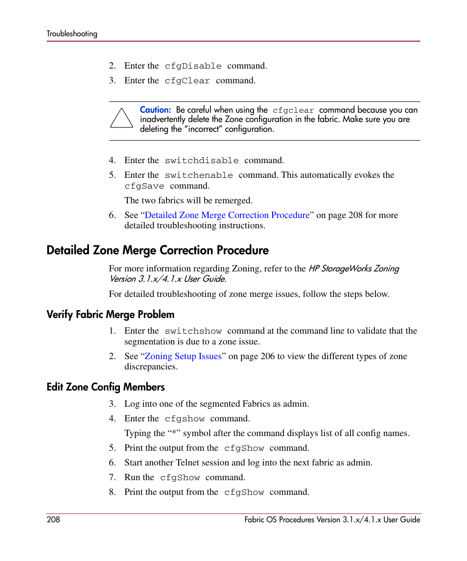 Detailed zone merge correction procedure, Verify fabric merge problem, Edit zone config members | HP StorageWorks MSA 2.8 SAN Switch User Manual | Page 208 / 270