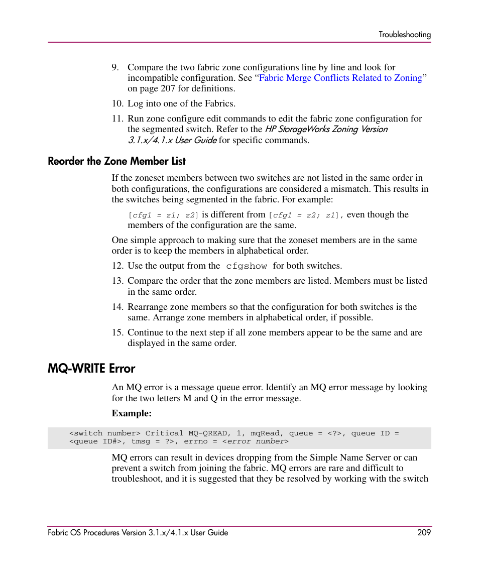 Reorder the zone member list, Mq-write error | HP StorageWorks MSA 2.8 SAN Switch User Manual | Page 209 / 270