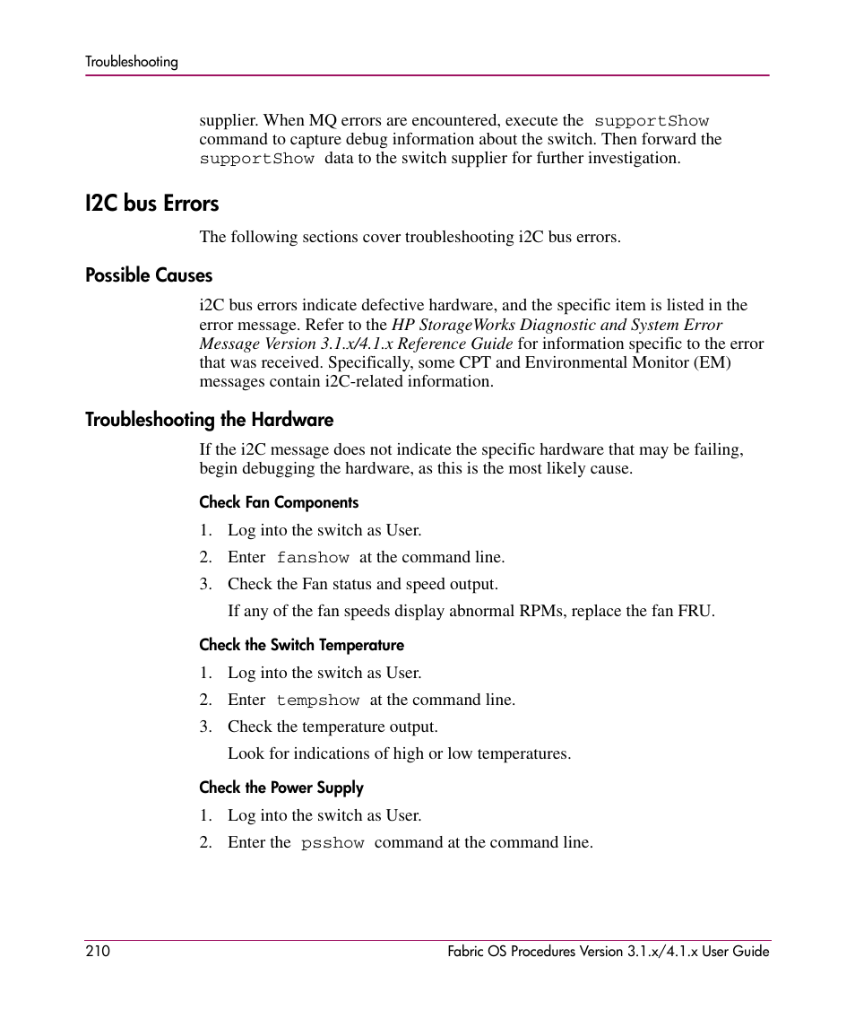 I2c bus errors, Possible causes, Troubleshooting the hardware | Check fan components, Check the switch temperature, Check the power supply, Possible causes troubleshooting the hardware | HP StorageWorks MSA 2.8 SAN Switch User Manual | Page 210 / 270