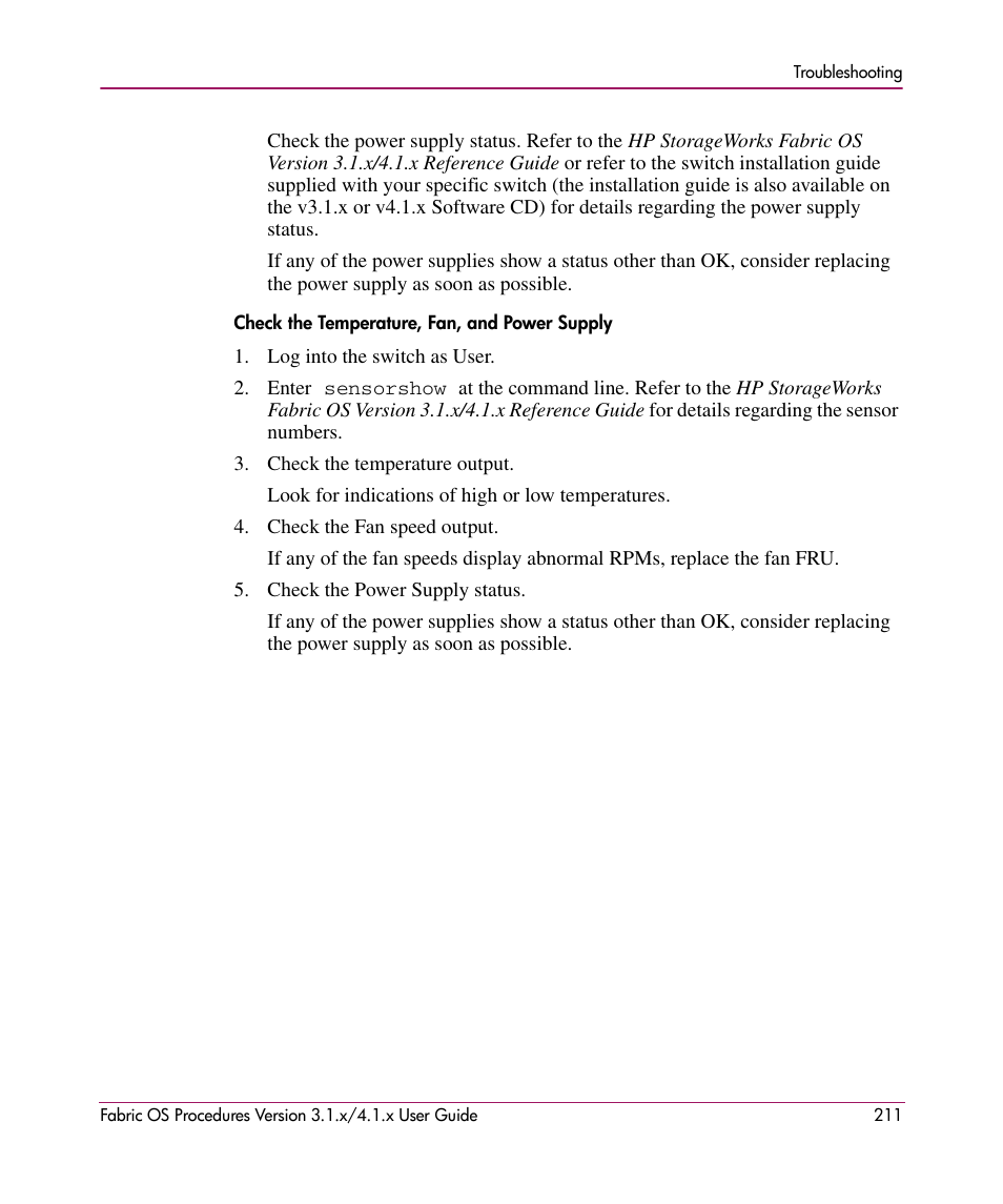 Check the temperature, fan, and power supply | HP StorageWorks MSA 2.8 SAN Switch User Manual | Page 211 / 270