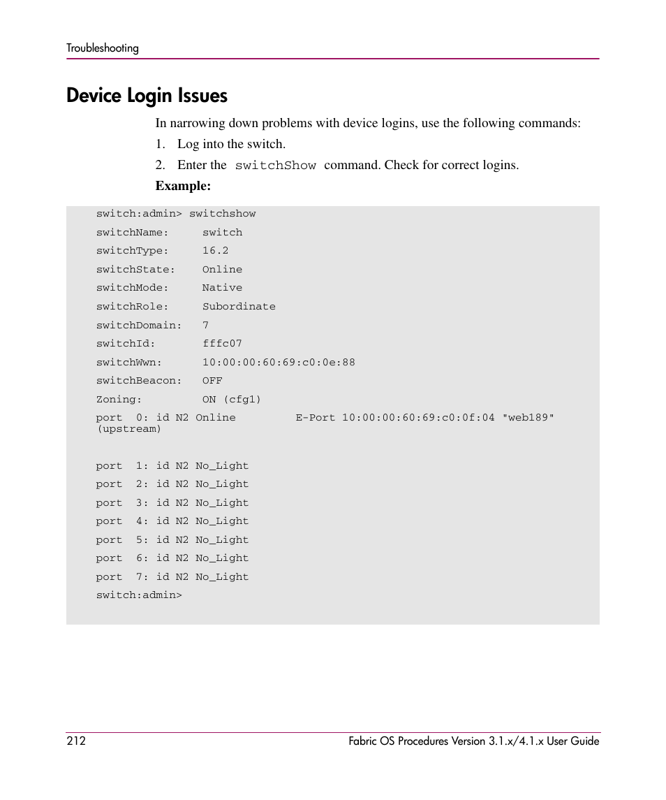 Device login issues | HP StorageWorks MSA 2.8 SAN Switch User Manual | Page 212 / 270