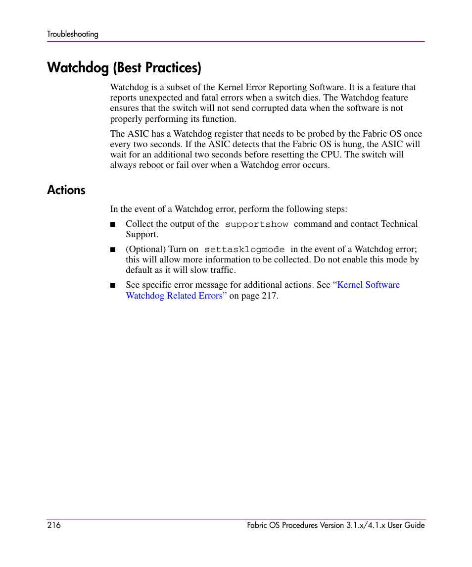 Watchdog (best practices), Actions | HP StorageWorks MSA 2.8 SAN Switch User Manual | Page 216 / 270