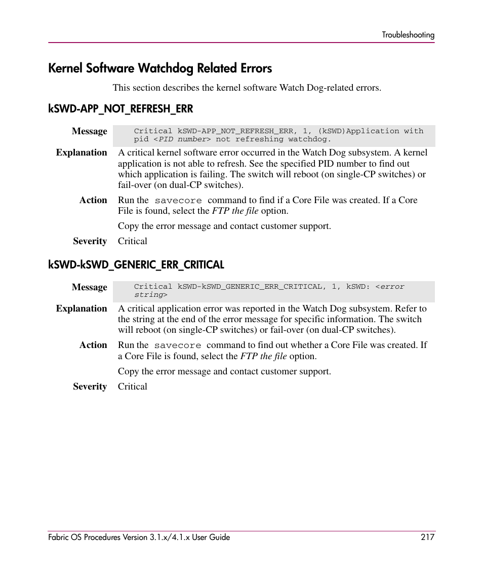 Kernel software watchdog related errors, Kswd-app_not_refresh_err, Kswd-kswd_generic_err_critical | Kernel software, Watchdog related errors | HP StorageWorks MSA 2.8 SAN Switch User Manual | Page 217 / 270