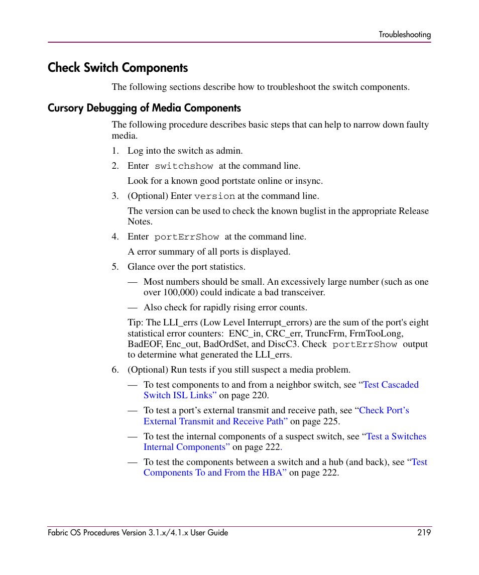 Check switch components, Cursory debugging of media components | HP StorageWorks MSA 2.8 SAN Switch User Manual | Page 219 / 270