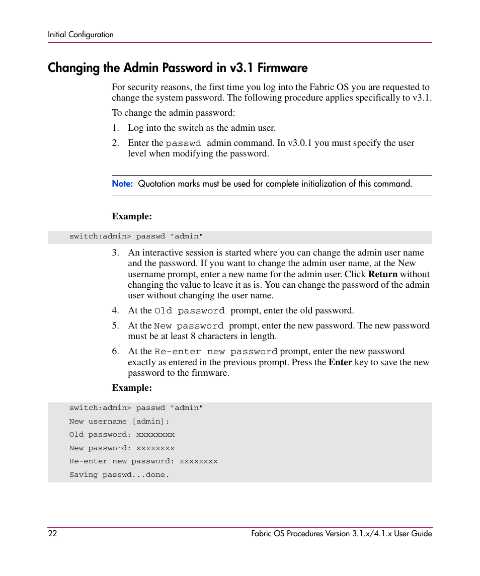 Changing the admin password in v3.1 firmware | HP StorageWorks MSA 2.8 SAN Switch User Manual | Page 22 / 270