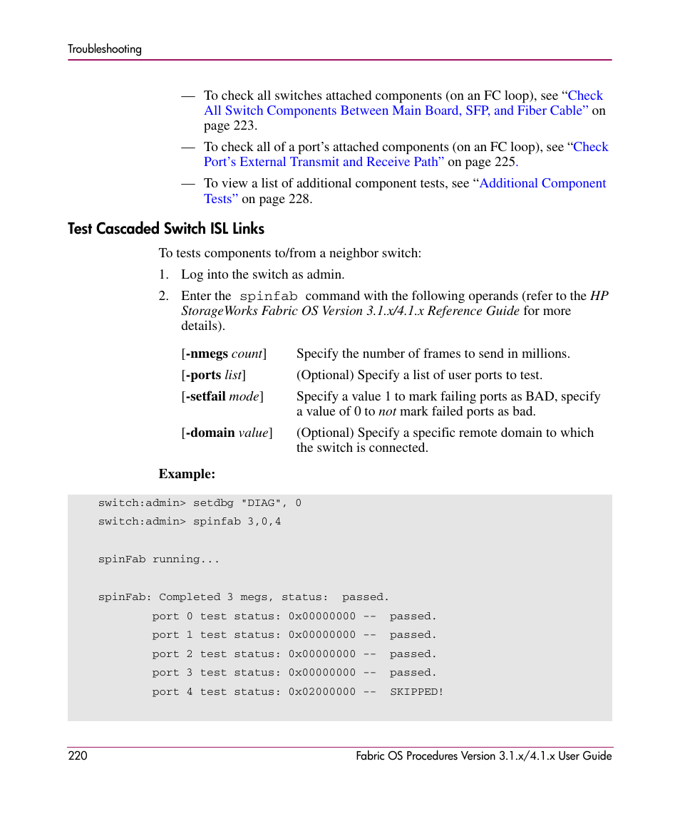 Test cascaded switch isl links, Test cascaded, Switch isl links | HP StorageWorks MSA 2.8 SAN Switch User Manual | Page 220 / 270