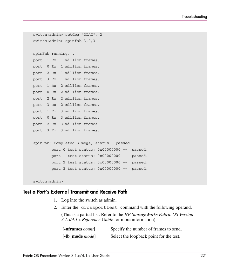 Test a port’s external transmit and receive path | HP StorageWorks MSA 2.8 SAN Switch User Manual | Page 221 / 270