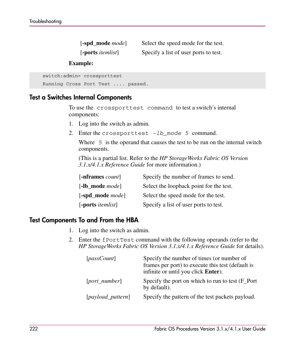 Test a switches internal components, Test components to and from the hba, Test a switches | Internal components, Test, Components to and from the hba | HP StorageWorks MSA 2.8 SAN Switch User Manual | Page 222 / 270